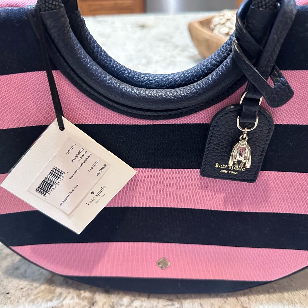 Kate Spade Pink and Navy Striped Half Circle Tote - NWT